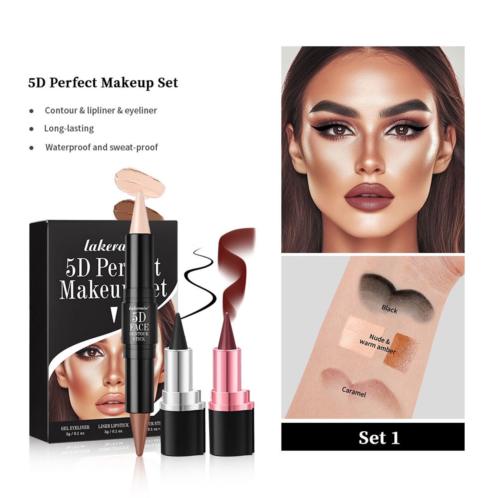 3 PCs Lipstick Lip Liner Eyeliner Highlight Contour Stick Suit 5D Face Makeup Set Suit - Fiti beautyLip careCJYD231858902BY