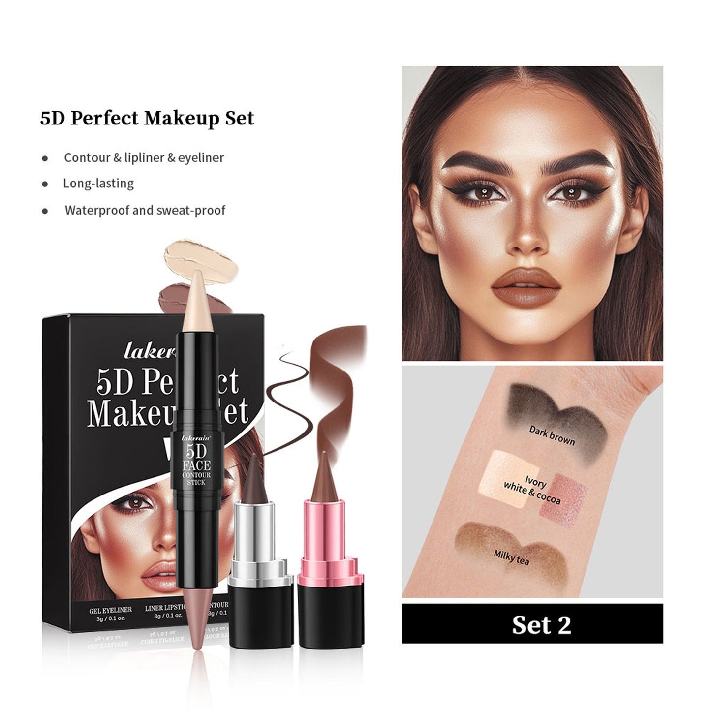 3 PCs Lipstick Lip Liner Eyeliner Highlight Contour Stick Suit 5D Face Makeup Set Suit - Fiti beautyLip careCJYD231858903CX