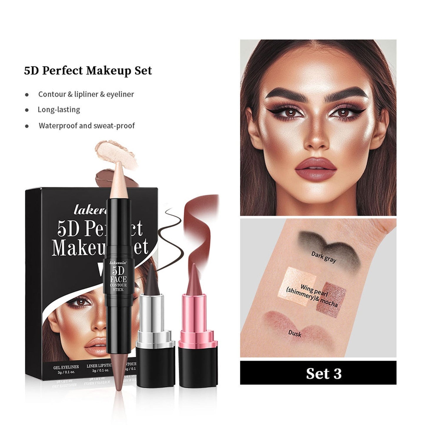 3 PCs Lipstick Lip Liner Eyeliner Highlight Contour Stick Suit 5D Face Makeup Set Suit - Fiti beautyLip careCJYD231858904DW