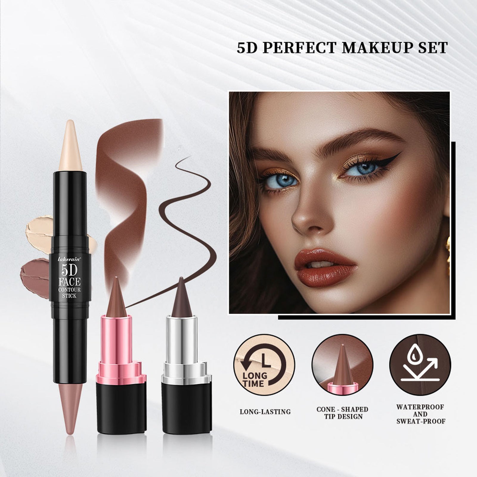 3 PCs Lipstick Lip Liner Eyeliner Highlight Contour Stick Suit 5D Face Makeup Set Suit - Fiti beautyLip careCJYD231858902BY