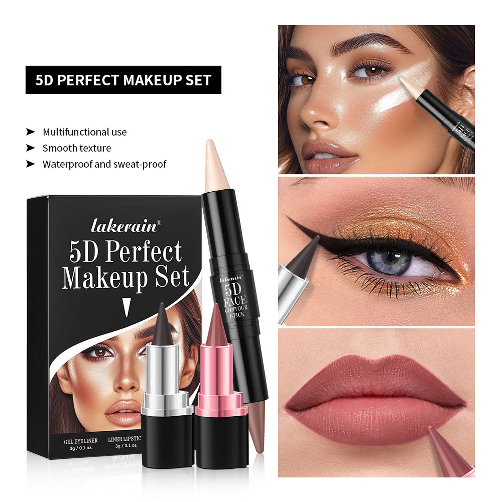 3 PCs Lipstick Lip Liner Eyeliner Highlight Contour Stick Suit 5D Face Makeup Set Suit - Fiti beautyLip careCJYD231858902BY